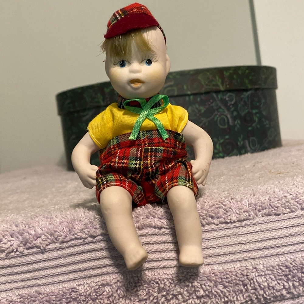 Vintage 5 1/2” Porcelain String-Jointed Boy Doll w/ Red & Yellow Plaid Outfit